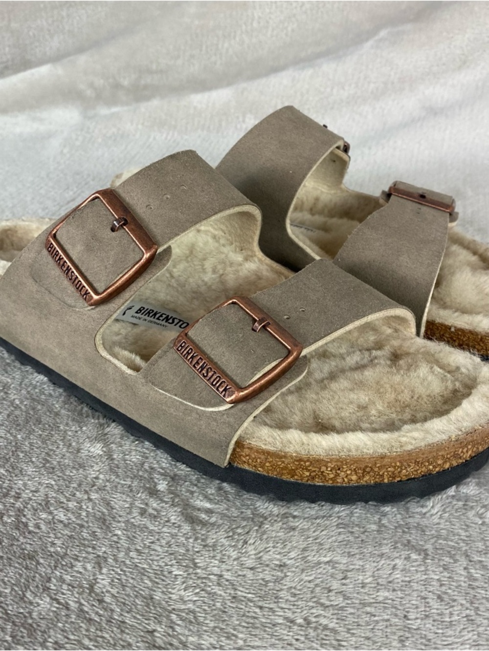 Birkenstock Taupe Suede Two-Strap Shearling Lined Sandals with Rose Gold Buckles